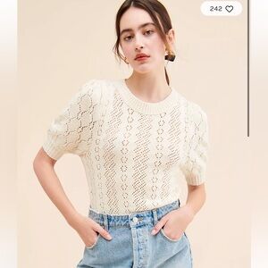 Free people Eloise Ivory Pointelle Puff Sleeve Sweater Top size large